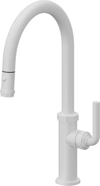 California Faucets Descanso Llave de Cocina con Rociador Extraíble hacia Abajo Industrial con Rociador de Botón - High Pico en Arco - Blanco Mate