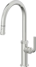 California Faucets Descanso Llave de Cocina con Rociador Extraíble hacia Abajo Industrial con Rociador de Botón - High Pico en Arco - Cromo Pulido
