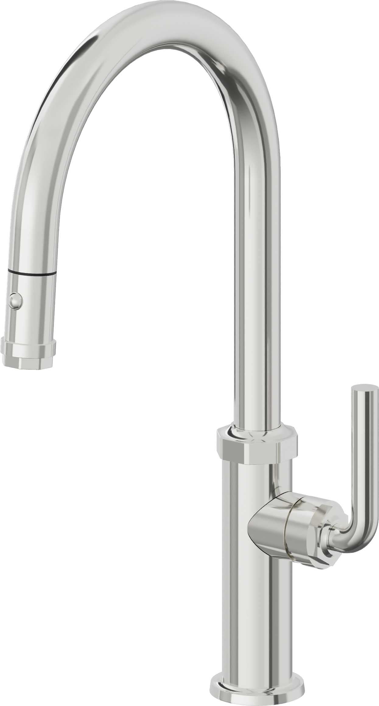 California Faucets Descanso Llave de Cocina con Rociador Extraíble hacia Abajo Industrial con Rociador de Botón - High Pico en Arco - Cromo Pulido