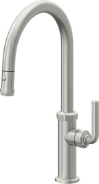 California Faucets Descanso Llave de Cocina con Rociador Extraíble hacia Abajo Industrial con Rociador de Botón - High Pico en Arco - Cromo Satinado