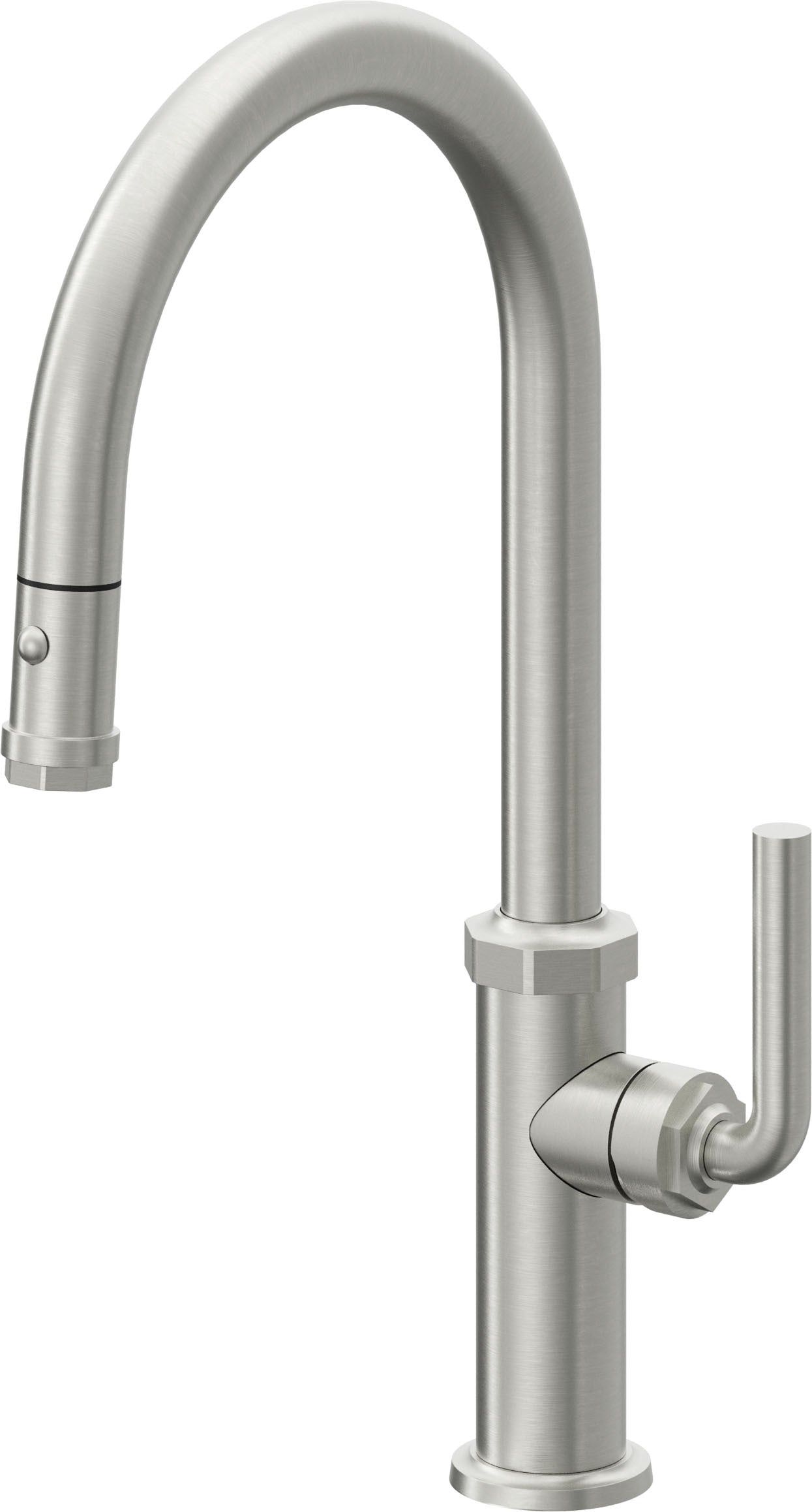 California Faucets Descanso Llave de Cocina con Rociador Extraíble hacia Abajo Industrial con Rociador de Botón - High Pico en Arco - Cromo Satinado