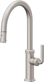 California Faucets Descanso Llave de Cocina con Rociador Extraíble hacia Abajo Industrial con Rociador de Botón - High Pico en Arco - Acero Inoxidable Ultra