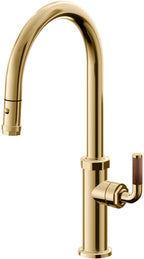 California Faucets Descanso Llave de Cocina con Rociador Extraíble hacia Abajo Industrial con Rociador de Botón - High Pico en Arco - Oro Francés