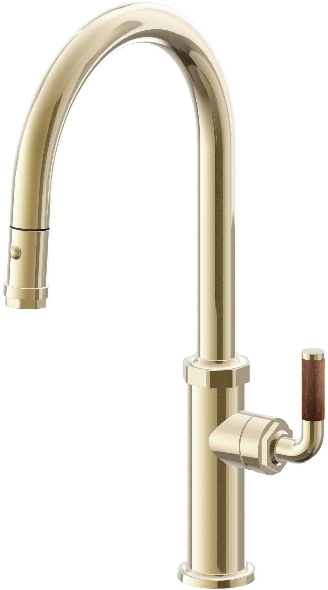 California Faucets Descanso Llave de Cocina con Rociador Extraíble hacia Abajo Industrial con Rociador de Botón - High Pico en Arco - Latón Pulido