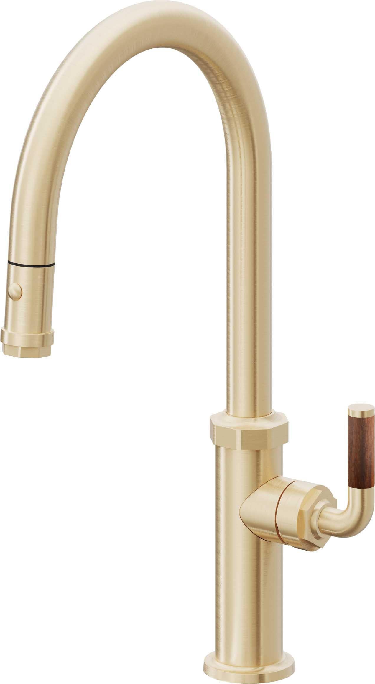 California Faucets Descanso Llave de Cocina con Rociador Extraíble hacia Abajo Industrial con Rociador de Botón - High Pico en Arco - Latón Satinado