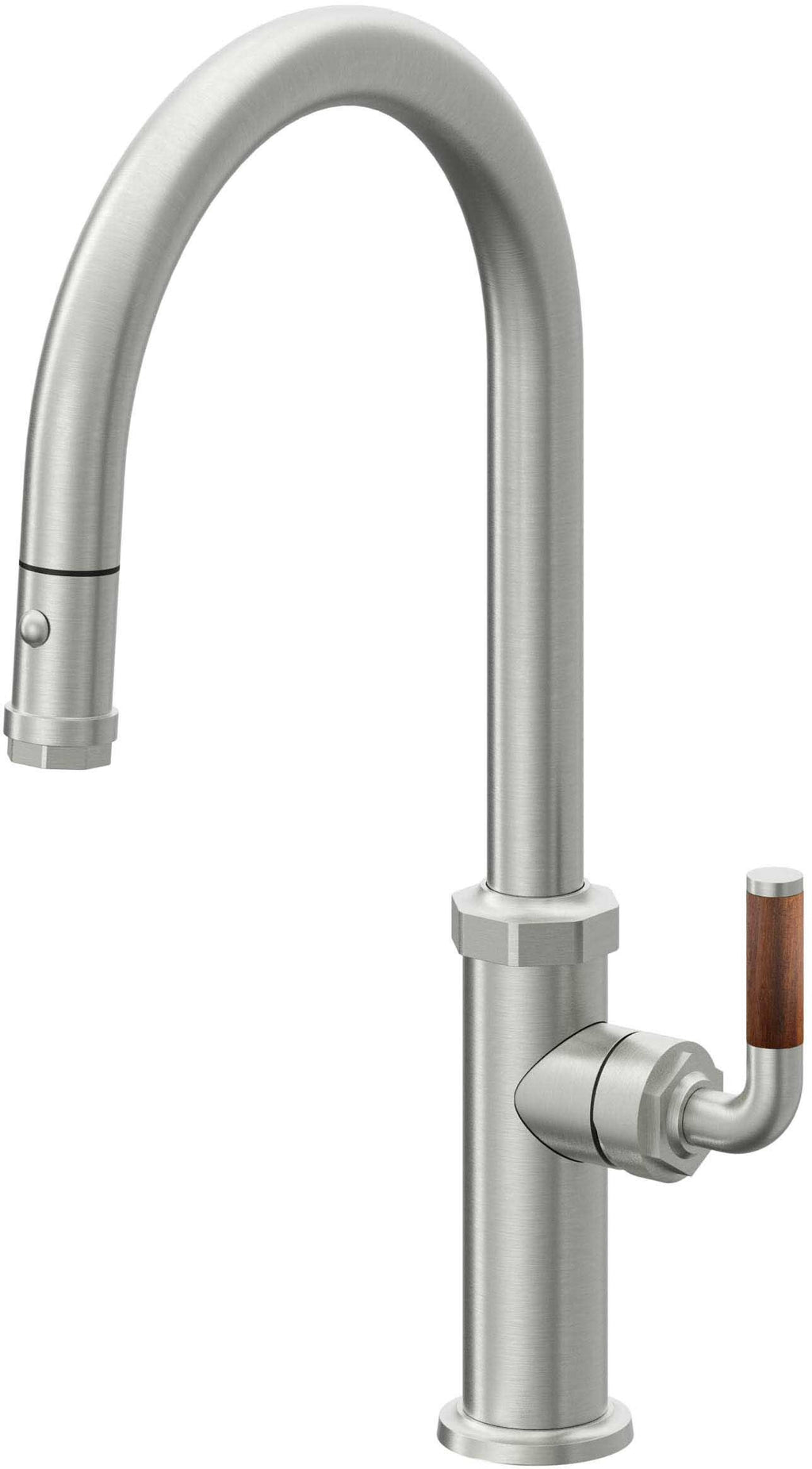 California Faucets Descanso Llave de Cocina con Rociador Extraíble hacia Abajo Industrial con Rociador de Botón - High Pico en Arco - Cromo Satinado