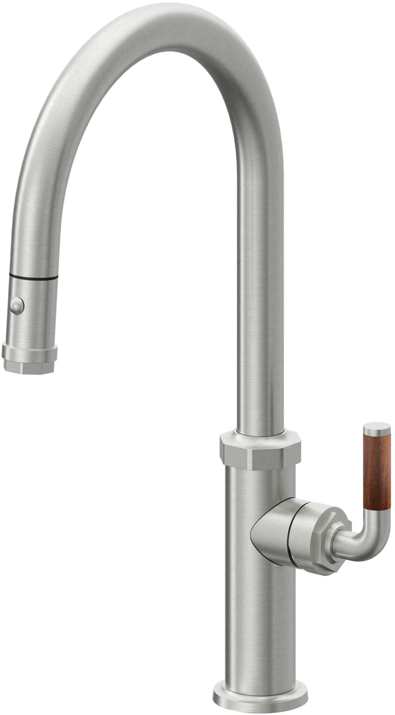 California Faucets Descanso Llave de Cocina con Rociador Extraíble hacia Abajo Industrial con Rociador de Botón - High Pico en Arco - Cromo Satinado