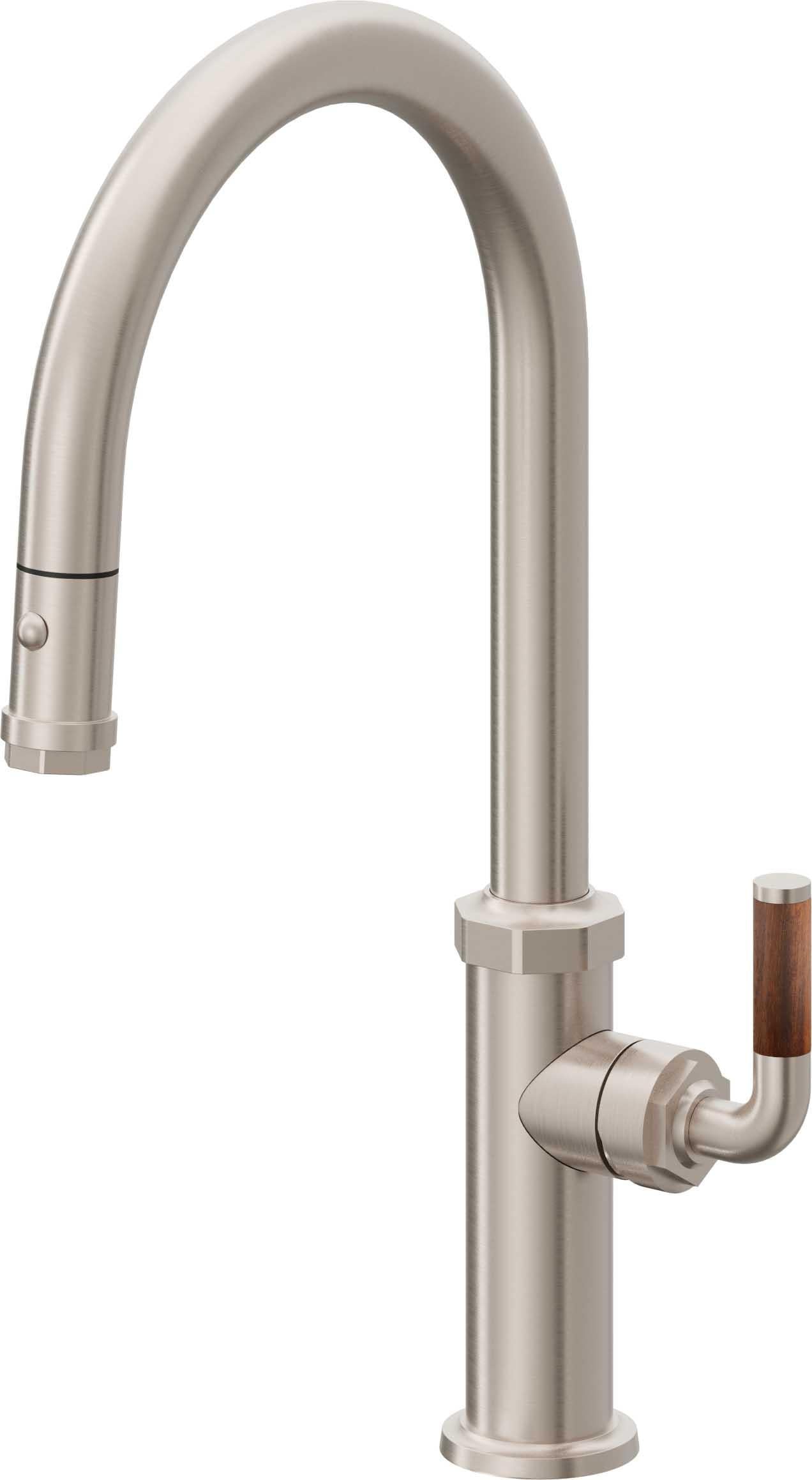 California Faucets Descanso Llave de Cocina con Rociador Extraíble hacia Abajo Industrial con Rociador de Botón - High Pico en Arco - Níquel Satinado