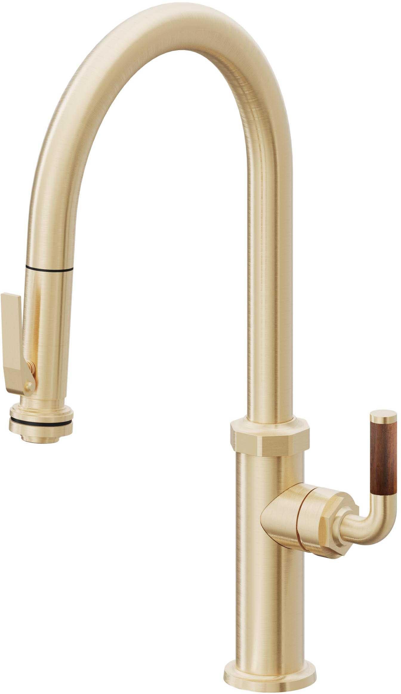 California Faucets Descanso Llave de Cocina con Rociador Extraíble hacia Abajo Industrial con Rociador de Compresión - High Pico en Arco - Latón Satinado