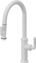 California Faucets Descanso Llave de Cocina con Rociador Extraíble hacia Abajo Industrial con Rociador de Compresión - High Pico en Arco - Blanco Mate