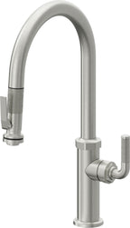 California Faucets Descanso Llave de Cocina con Rociador Extraíble hacia Abajo Industrial con Rociador de Compresión - High Pico en Arco - Cromo Satinado