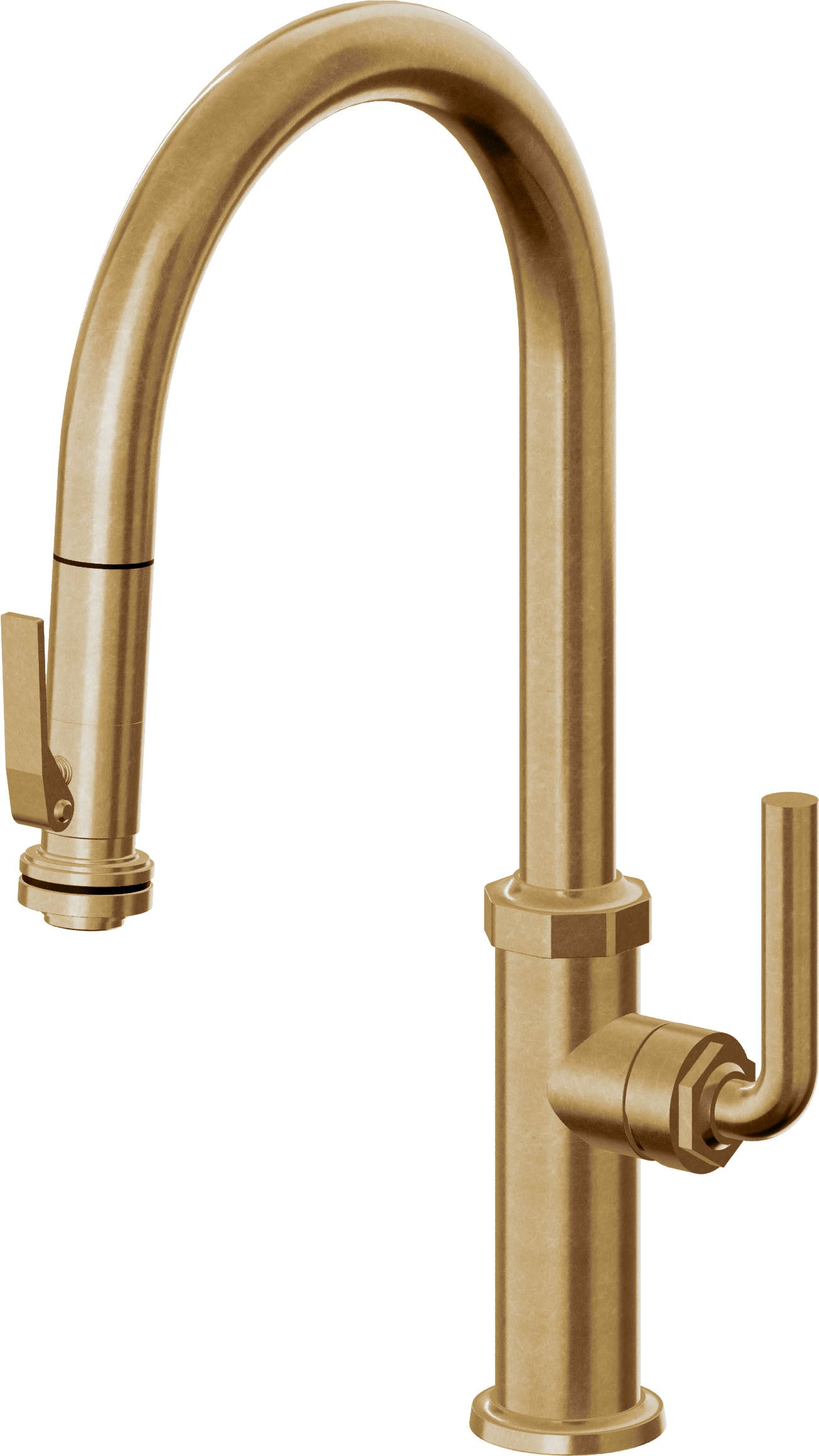 California Faucets Descanso Llave de Cocina con Rociador Extraíble hacia Abajo Industrial con Rociador de Compresión - High Pico en Arco - Latón Bruñido