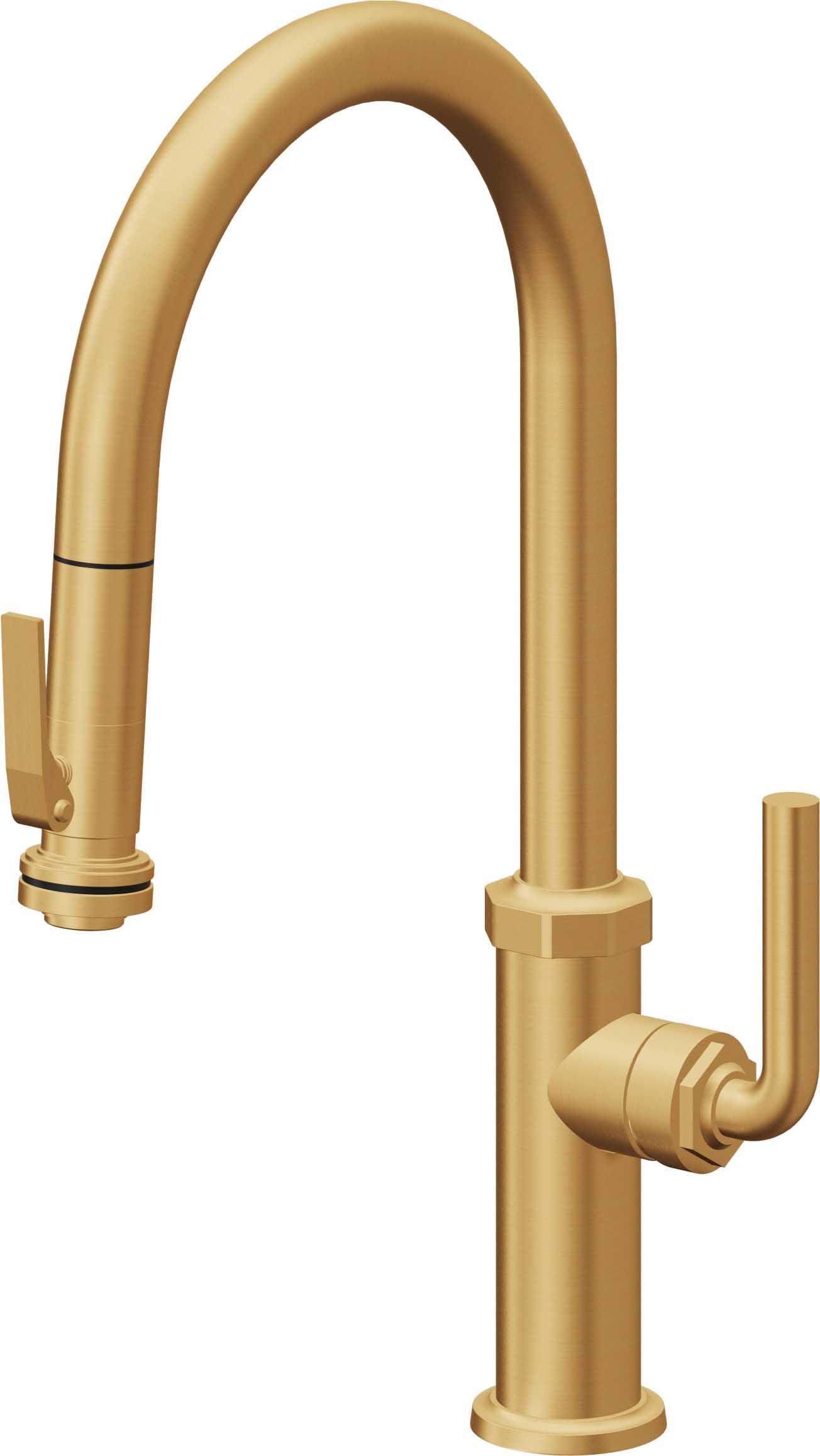 California Faucets Descanso Llave de Cocina con Rociador Extraíble hacia Abajo Industrial con Rociador de Compresión - High Pico en Arco - Oro Satinado de por Vida