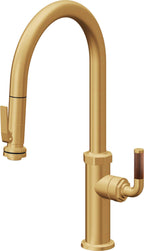 California Faucets Descanso Llave de Cocina con Rociador Extraíble hacia Abajo Industrial con Rociador de Compresión - High Pico en Arco - Oro Satinado de por Vida