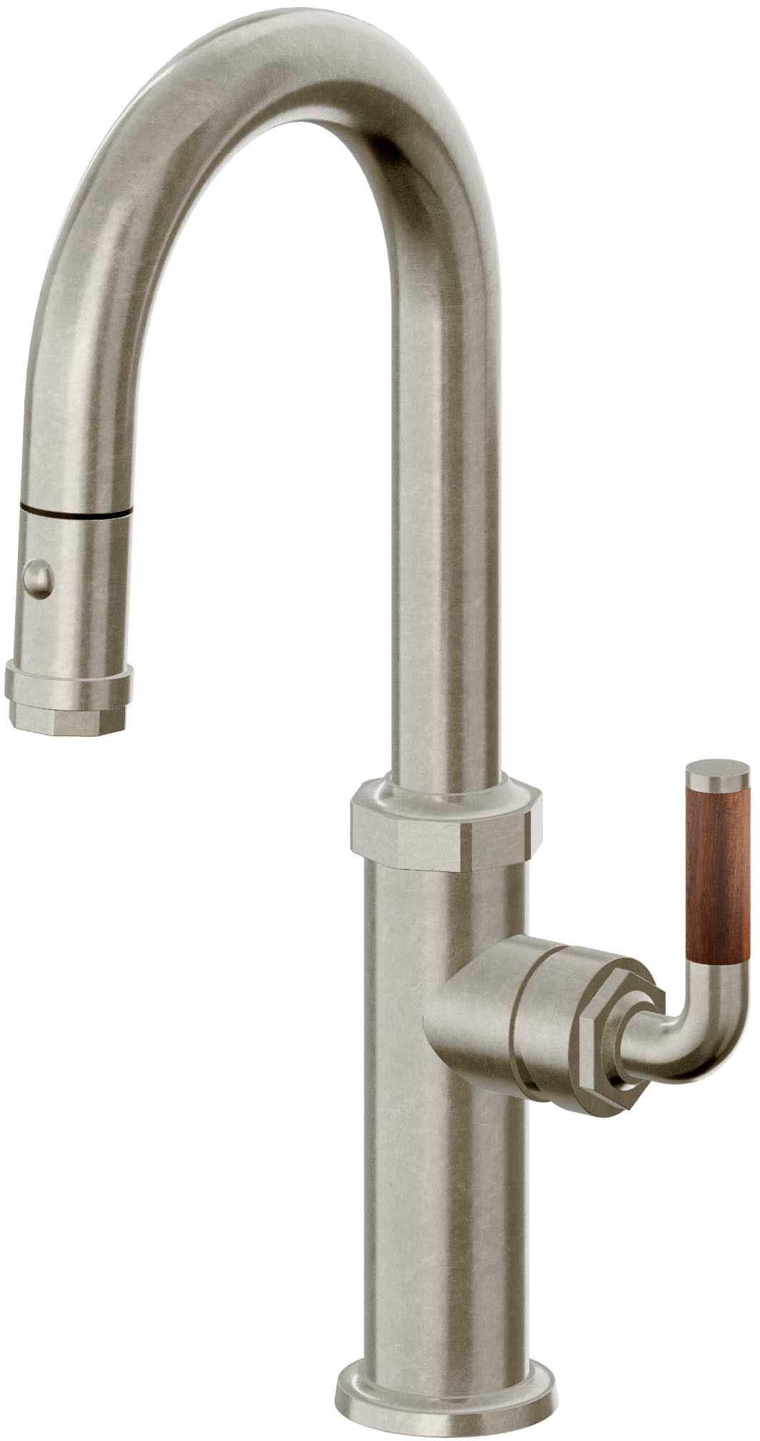 California Faucets Descanso Llave de Bar/Preparación con Rociador Extraíble hacia Abajo Industrial con Rociador de Botón - Níquel Bruñido
