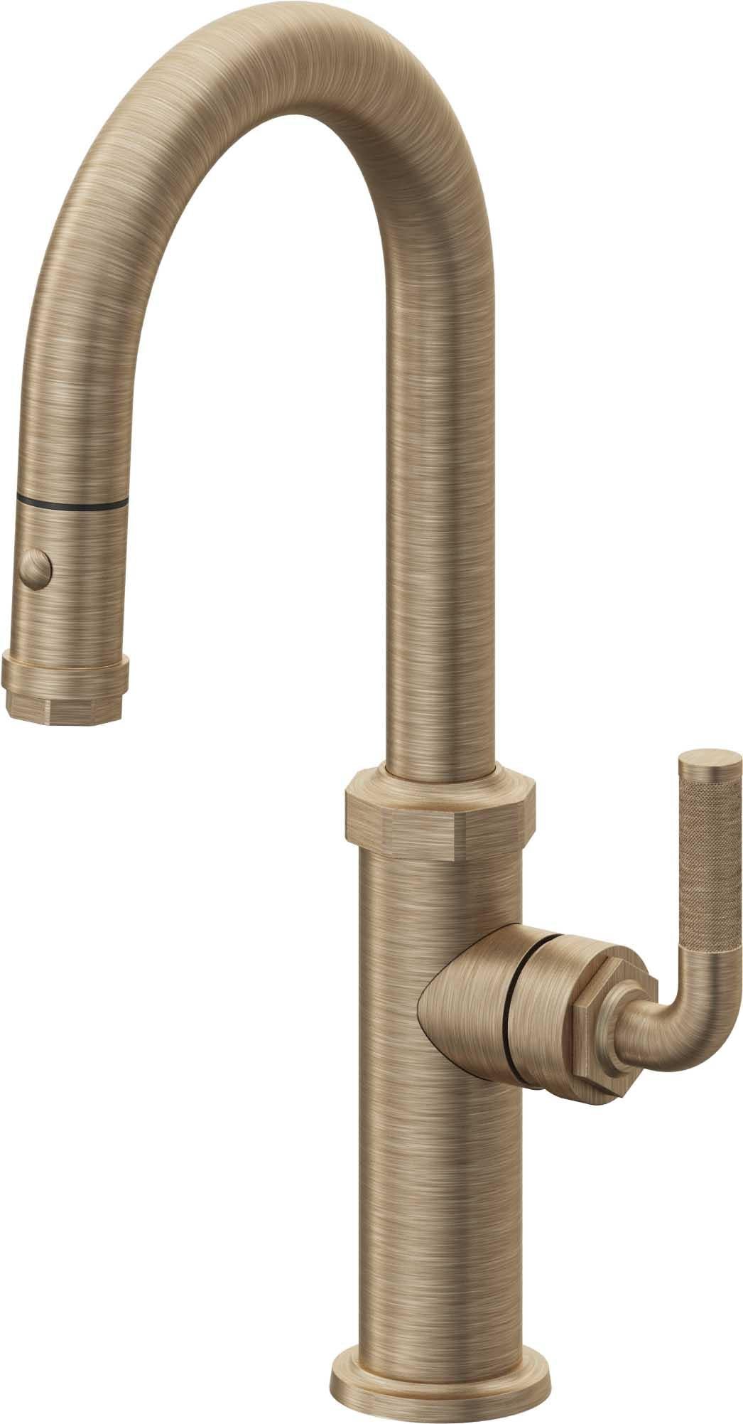 California Faucets Descanso Llave de Bar/Preparación con Rociador Extraíble hacia Abajo Industrial con Rociador de Botón - Latón Antiguo Mate