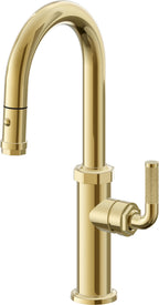 California Faucets Descanso Llave de Bar/Preparación con Rociador Extraíble hacia Abajo Industrial con Rociador de Botón - Oro Pulido de por Vida