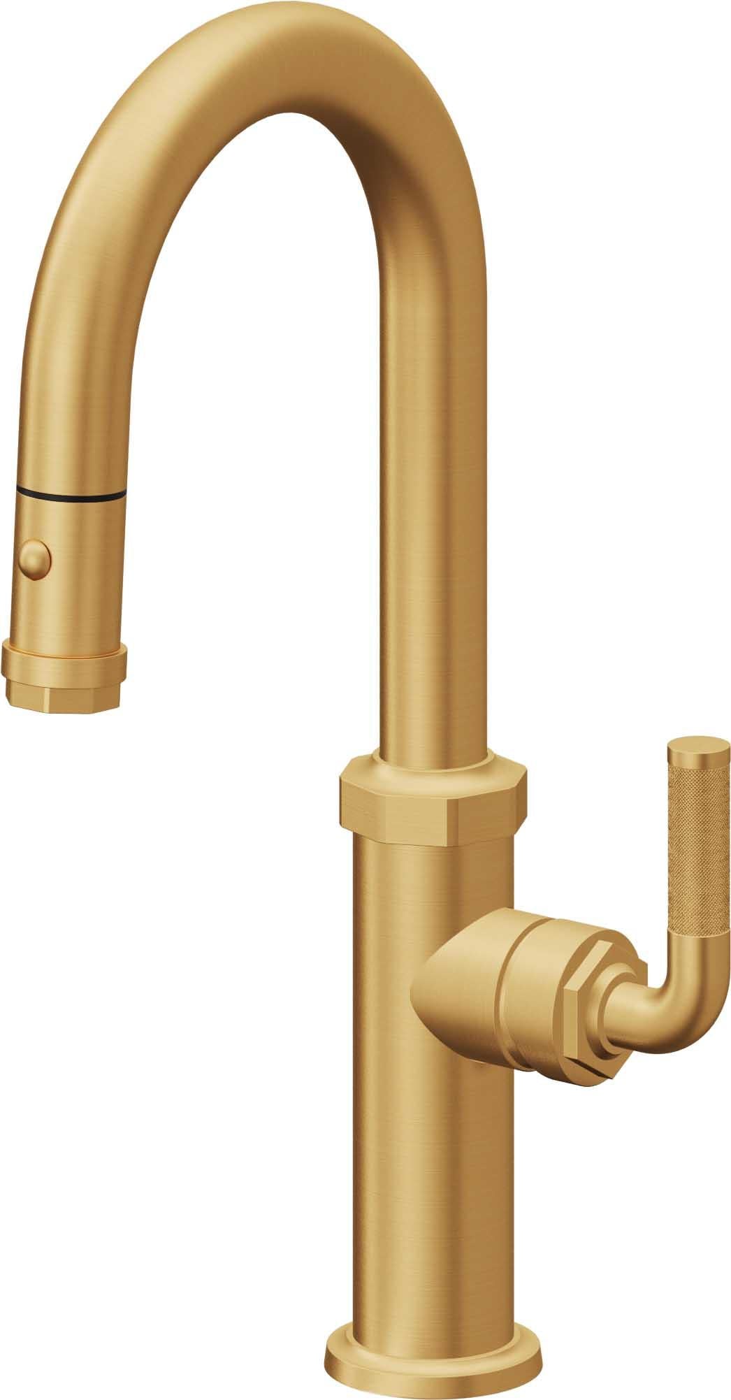 California Faucets Descanso Llave de Bar/Preparación con Rociador Extraíble hacia Abajo Industrial con Rociador de Botón - Oro Satinado de por Vida