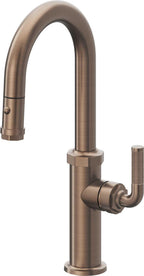 California Faucets Descanso Llave de Bar/Preparación con Rociador Extraíble hacia Abajo Industrial con Rociador de Botón - Bronce Satinado