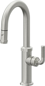 California Faucets Descanso Llave de Bar/Preparación con Rociador Extraíble hacia Abajo Industrial con Rociador de Botón - Cromo Satinado