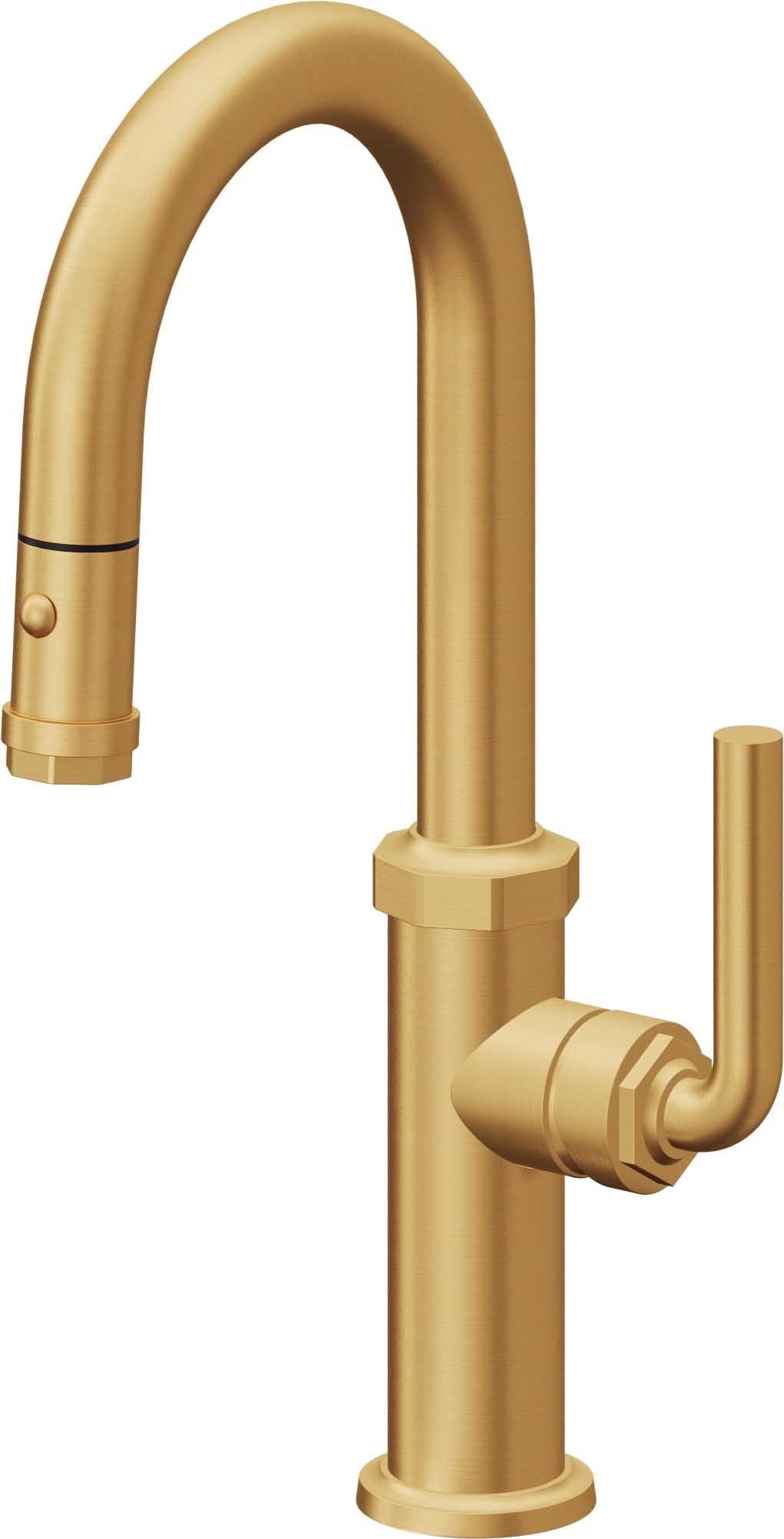California Faucets Descanso Llave de Bar/Preparación con Rociador Extraíble hacia Abajo Industrial con Rociador de Botón - Oro Satinado de por Vida