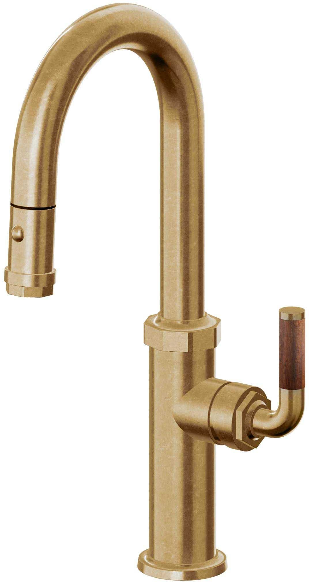 California Faucets Descanso Llave de Bar/Preparación con Rociador Extraíble hacia Abajo Industrial con Rociador de Botón - Latón Bruñido