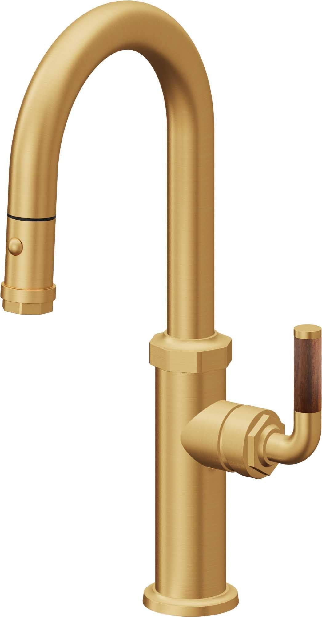 California Faucets Descanso Llave de Bar/Preparación con Rociador Extraíble hacia Abajo Industrial con Rociador de Botón - Oro Satinado de por Vida