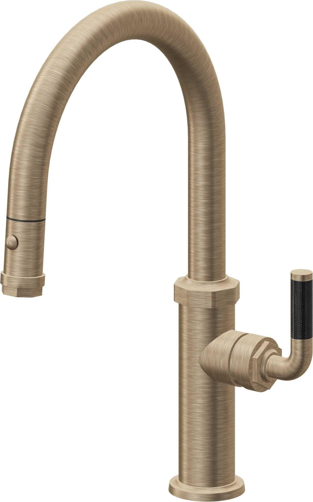California Faucets Descanso Llave de Cocina con Rociador Extraíble hacia Abajo Industrial con Rociador de Botón - Low Pico en Arco - Latón Antiguo Mate
