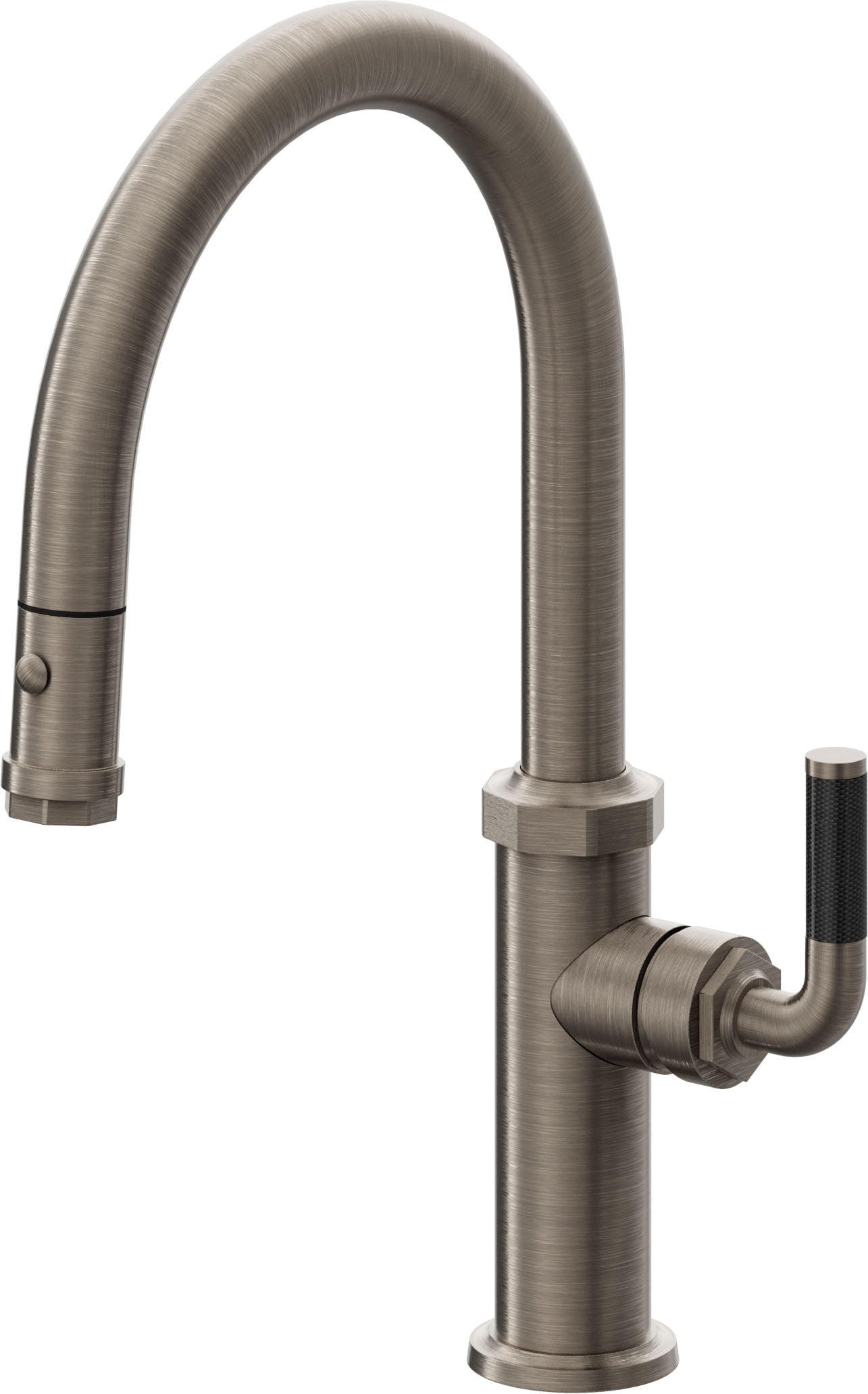 California Faucets Descanso Llave de Cocina con Rociador Extraíble hacia Abajo Industrial con Rociador de Botón - Low Pico en Arco - Níquel Antiguo Mate