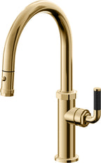 California Faucets Descanso Llave de Cocina con Rociador Extraíble hacia Abajo Industrial con Rociador de Botón - Low Pico en Arco - Oro Francés