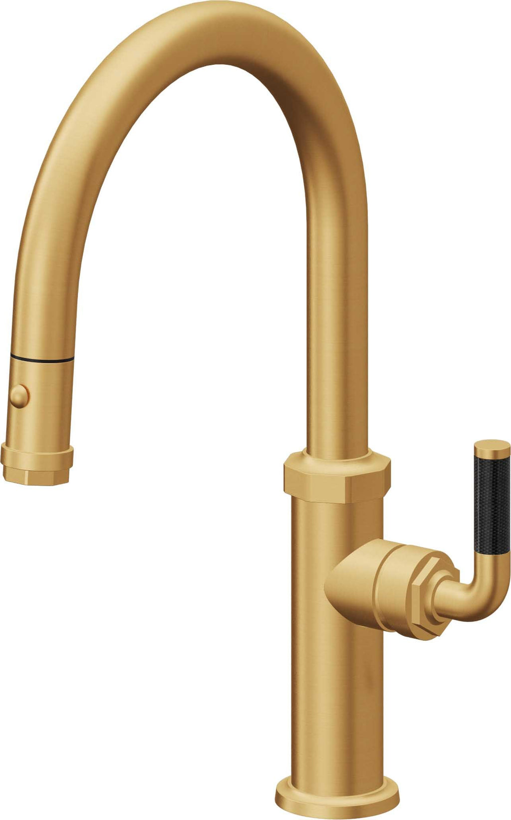 California Faucets Descanso Llave de Cocina con Rociador Extraíble hacia Abajo Industrial con Rociador de Botón - Low Pico en Arco - Oro Satinado de por Vida