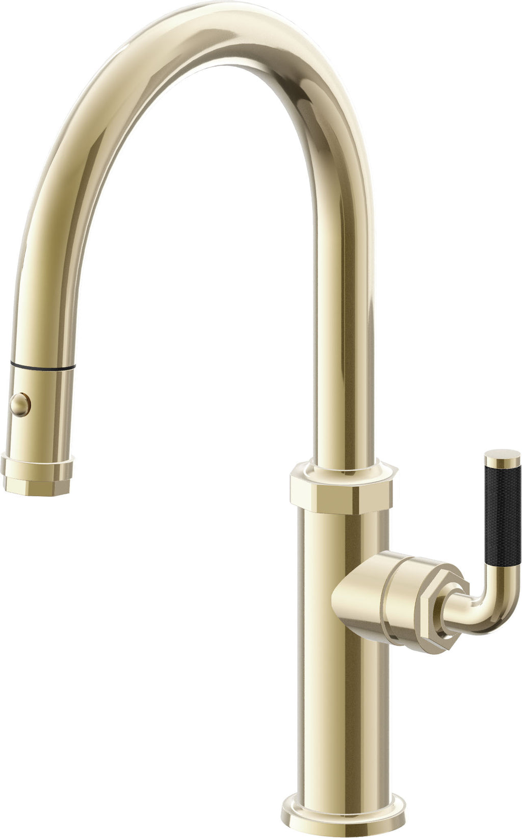 California Faucets Descanso Llave de Cocina con Rociador Extraíble hacia Abajo Industrial con Rociador de Botón - Low Pico en Arco - Latón Pulido