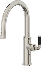 California Faucets Descanso Llave de Cocina con Rociador Extraíble hacia Abajo Industrial con Rociador de Botón - Low Pico en Arco - Níquel Pulido