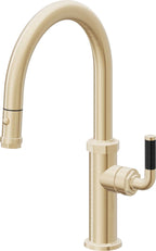California Faucets Descanso Llave de Cocina con Rociador Extraíble hacia Abajo Industrial con Rociador de Botón - Low Pico en Arco - Latón Satinado