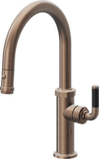 California Faucets Descanso Llave de Cocina con Rociador Extraíble hacia Abajo Industrial con Rociador de Botón - Low Pico en Arco - Bronce Satinado
