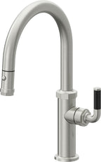 California Faucets Descanso Llave de Cocina con Rociador Extraíble hacia Abajo Industrial con Rociador de Botón - Low Pico en Arco - Cromo Satinado