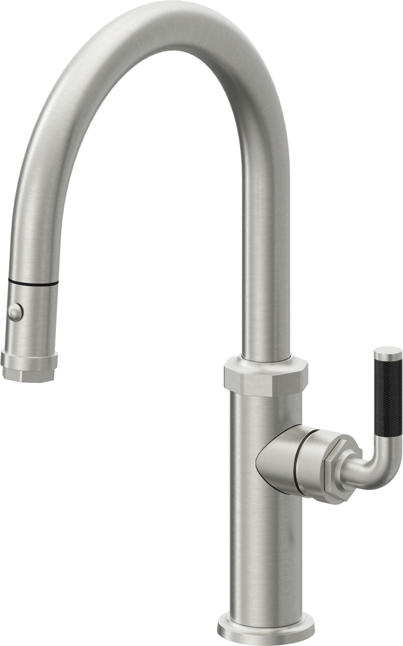 California Faucets Descanso Llave de Cocina con Rociador Extraíble hacia Abajo Industrial con Rociador de Botón - Low Pico en Arco - Cromo Satinado