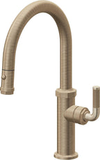 California Faucets Descanso Llave de Cocina con Rociador Extraíble hacia Abajo Industrial con Rociador de Botón - Low Pico en Arco - Latón Antiguo Mate