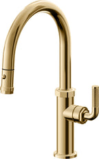 California Faucets Descanso Llave de Cocina con Rociador Extraíble hacia Abajo Industrial con Rociador de Botón - Low Pico en Arco - Oro Francés