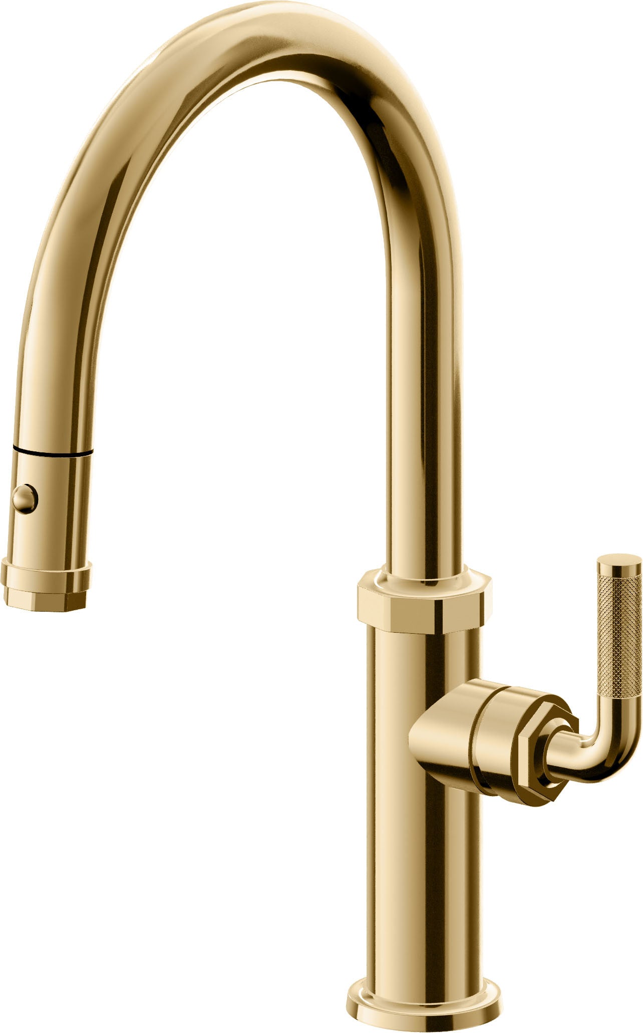 California Faucets Descanso Llave de Cocina con Rociador Extraíble hacia Abajo Industrial con Rociador de Botón - Low Pico en Arco - Oro Francés