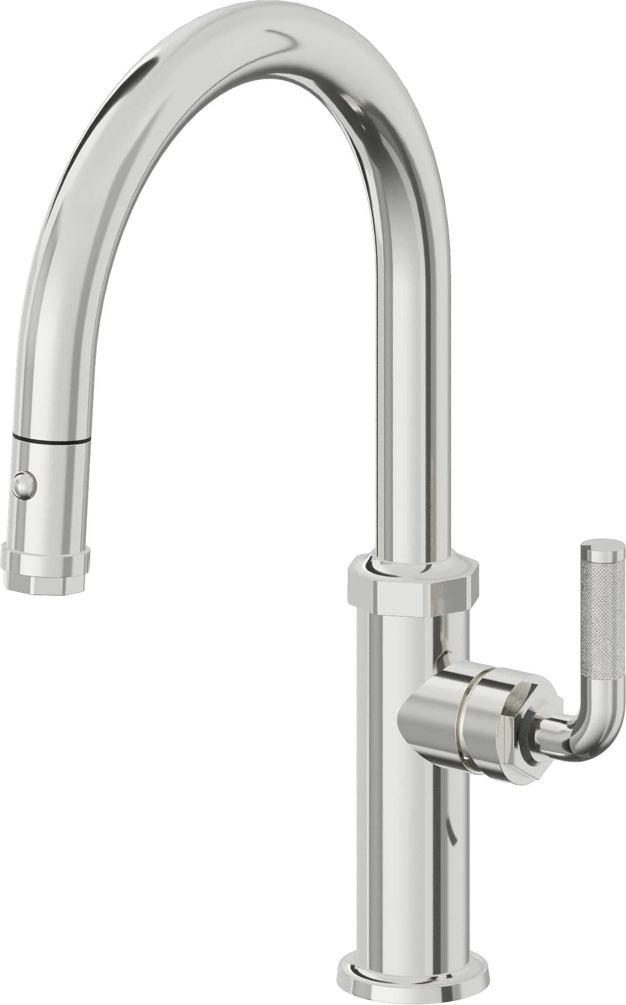 California Faucets Descanso Llave de Cocina con Rociador Extraíble hacia Abajo Industrial con Rociador de Botón - Low Pico en Arco - Cromo Pulido