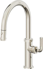 California Faucets Descanso Llave de Cocina con Rociador Extraíble hacia Abajo Industrial con Rociador de Botón - Low Pico en Arco - Níquel Pulido