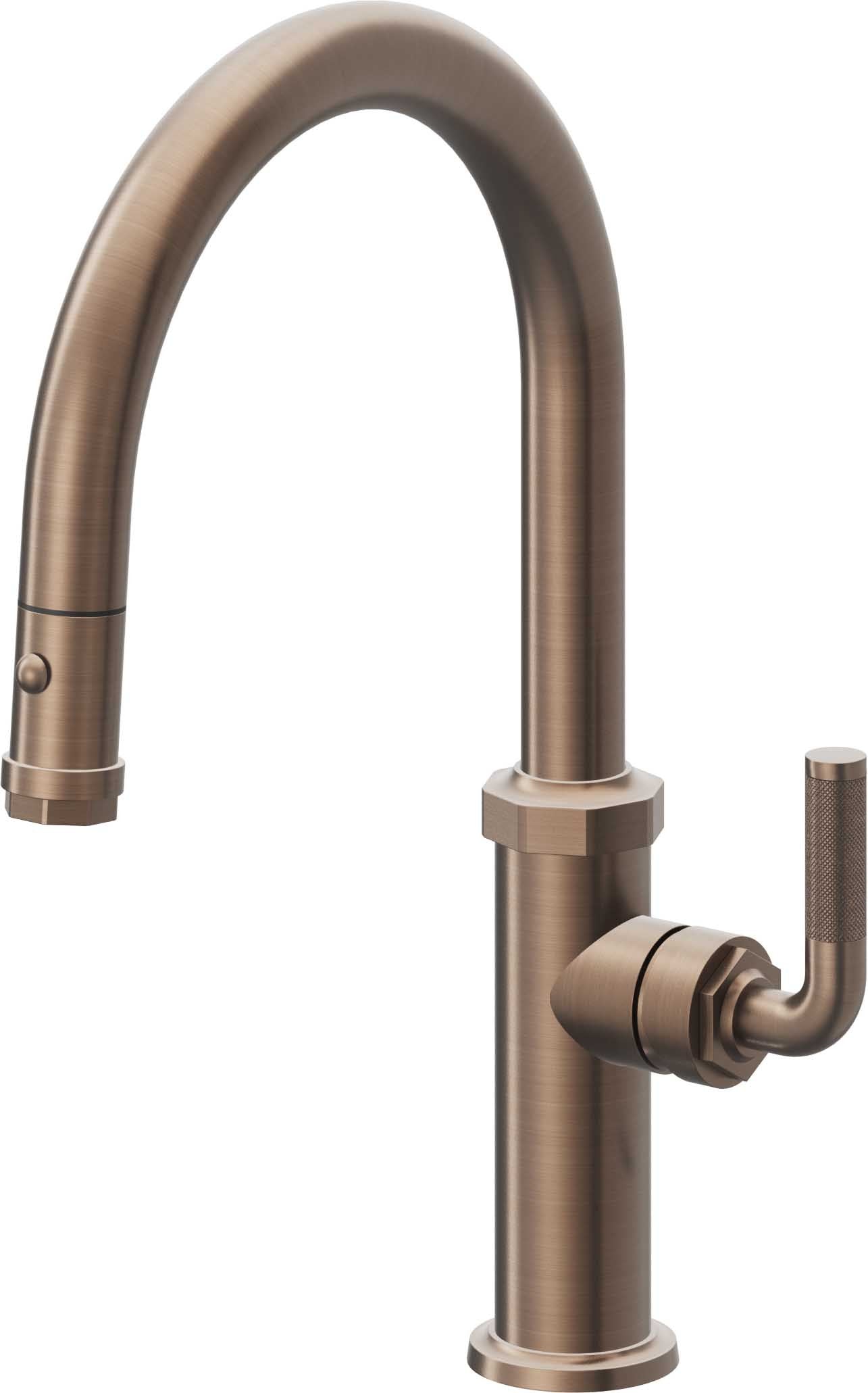 California Faucets Descanso Llave de Cocina con Rociador Extraíble hacia Abajo Industrial con Rociador de Botón - Low Pico en Arco - Bronce Satinado