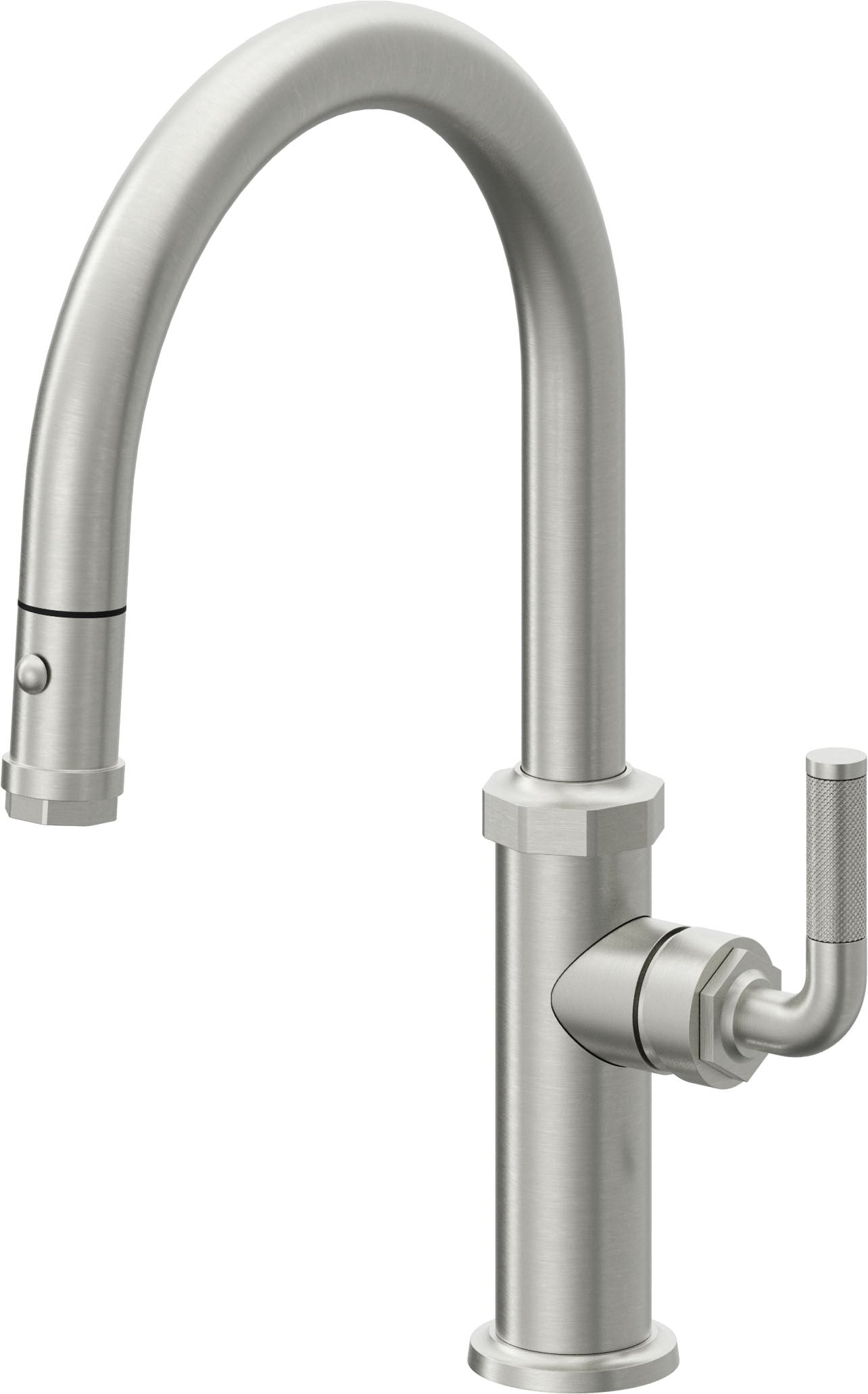 California Faucets Descanso Llave de Cocina con Rociador Extraíble hacia Abajo Industrial con Rociador de Botón - Low Pico en Arco - Cromo Satinado