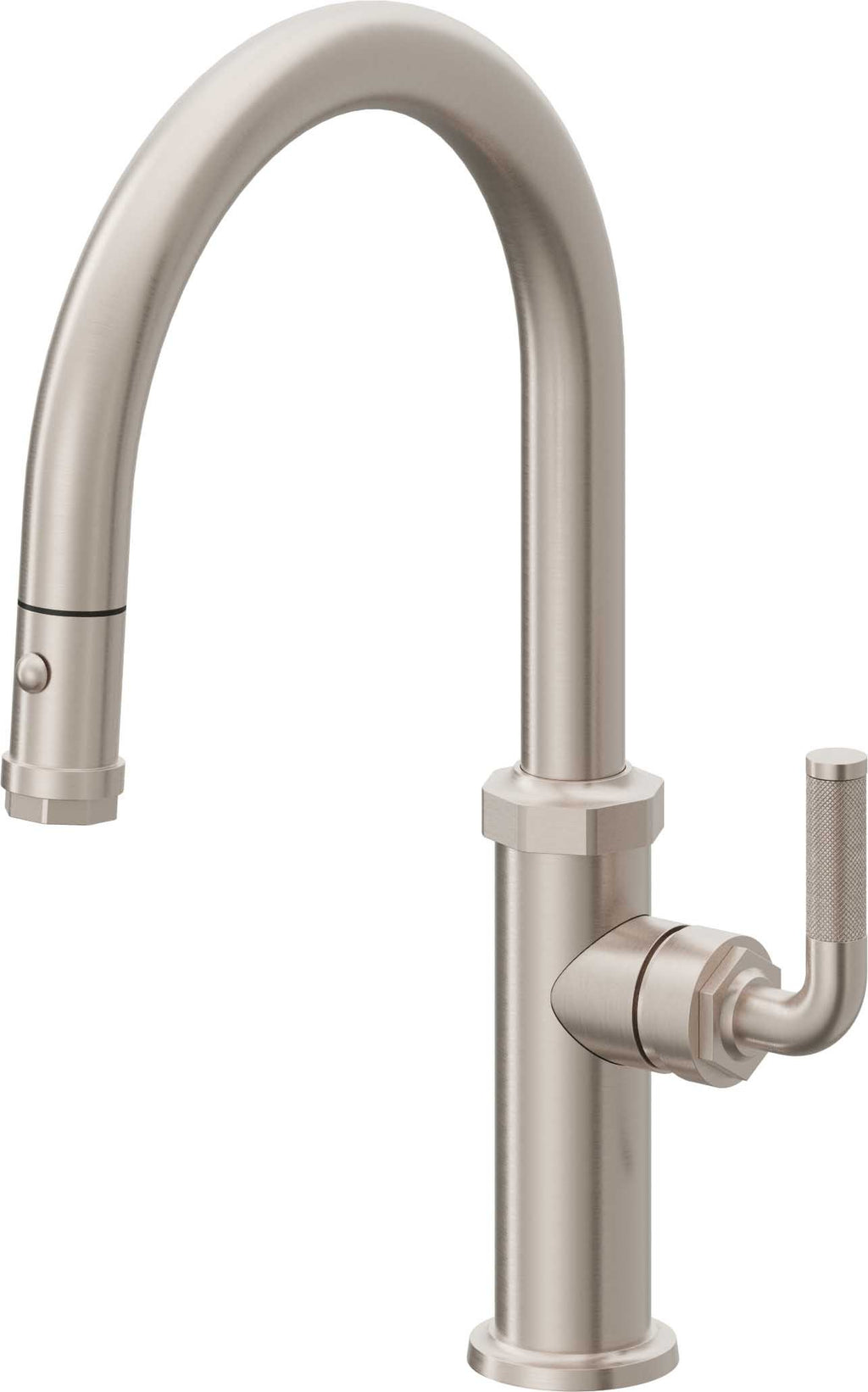 California Faucets Descanso Llave de Cocina con Rociador Extraíble hacia Abajo Industrial con Rociador de Botón - Low Pico en Arco - Níquel Satinado