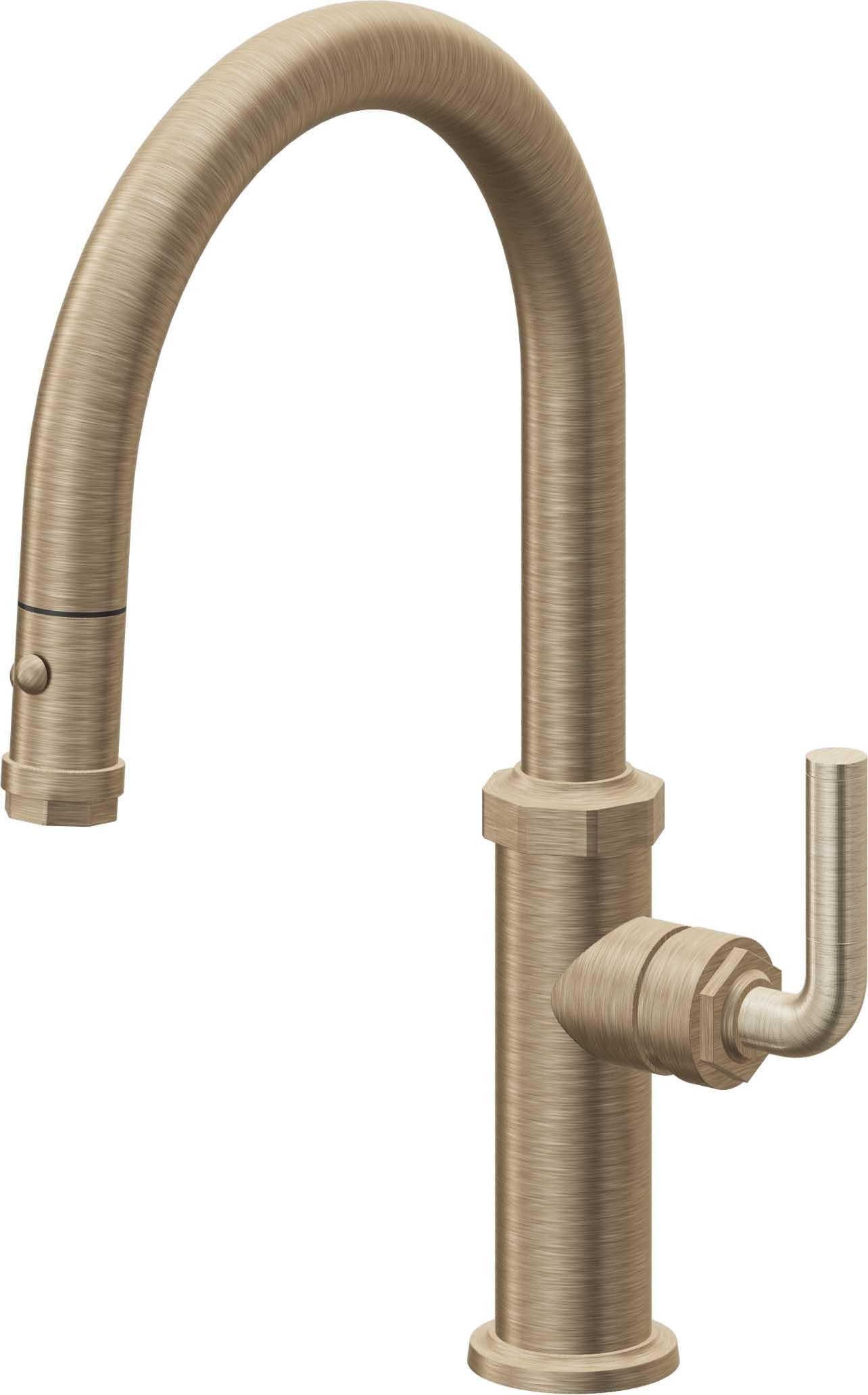California Faucets Descanso Llave de Cocina con Rociador Extraíble hacia Abajo Industrial con Rociador de Botón - Low Pico en Arco - Latón Antiguo Mate