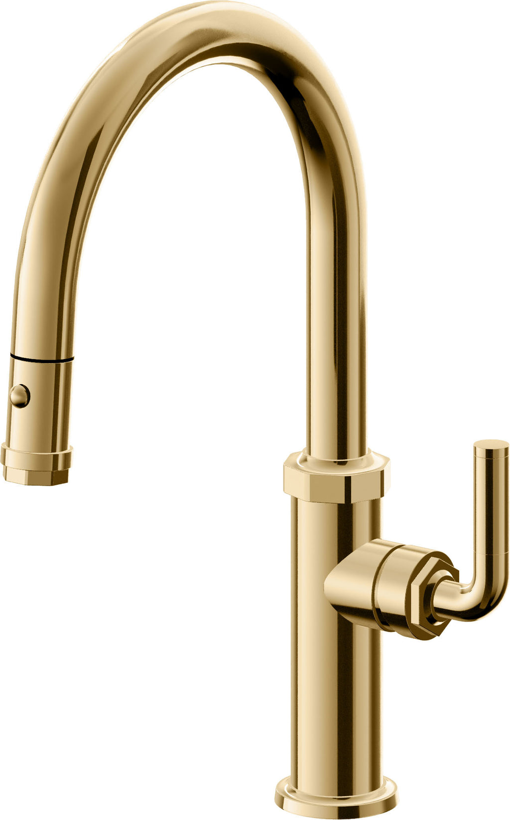 California Faucets Descanso Llave de Cocina con Rociador Extraíble hacia Abajo Industrial con Rociador de Botón - Low Pico en Arco - Oro Francés