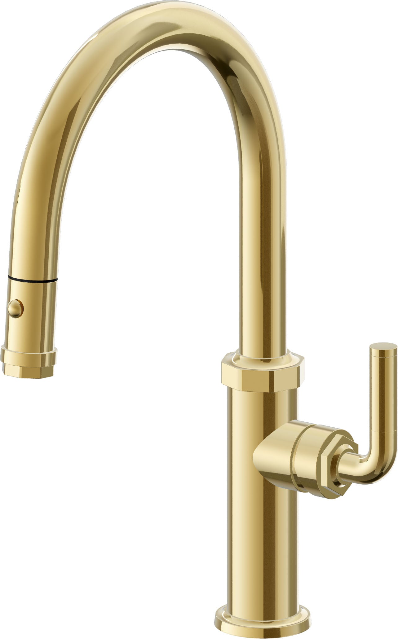 California Faucets Descanso Llave de Cocina con Rociador Extraíble hacia Abajo Industrial con Rociador de Botón - Low Pico en Arco - Oro Pulido de por Vida