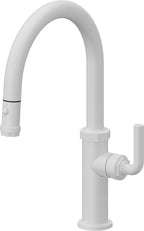 California Faucets Descanso Llave de Cocina con Rociador Extraíble hacia Abajo Industrial con Rociador de Botón - Low Pico en Arco - Blanco Mate