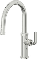 California Faucets Descanso Llave de Cocina con Rociador Extraíble hacia Abajo Industrial con Rociador de Botón - Low Pico en Arco - Cromo Pulido